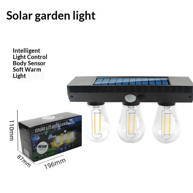 Lampe murale extérieure à capteur de mouvement 3 ampoules LED solaires style filament tungstène, lampe LED solaire