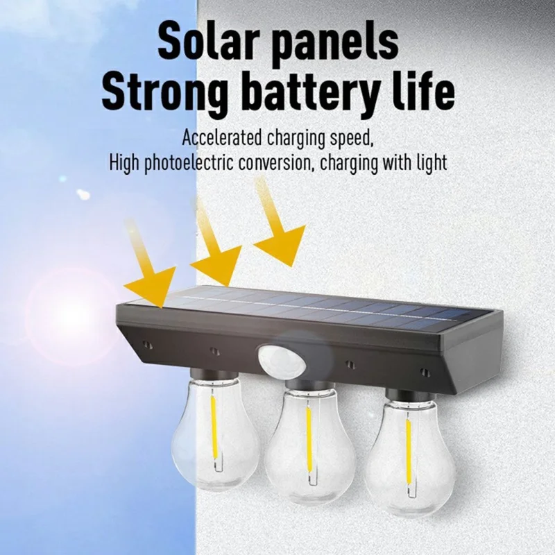 Lampe murale extérieure à capteur de mouvement 3 ampoules LED solaires style filament tungstène, lampe LED solaire