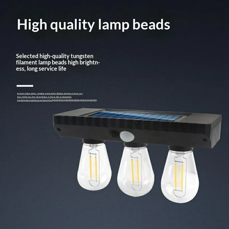 Lampe murale extérieure à capteur de mouvement 3 ampoules LED solaires style filament tungstène, lampe LED solaire