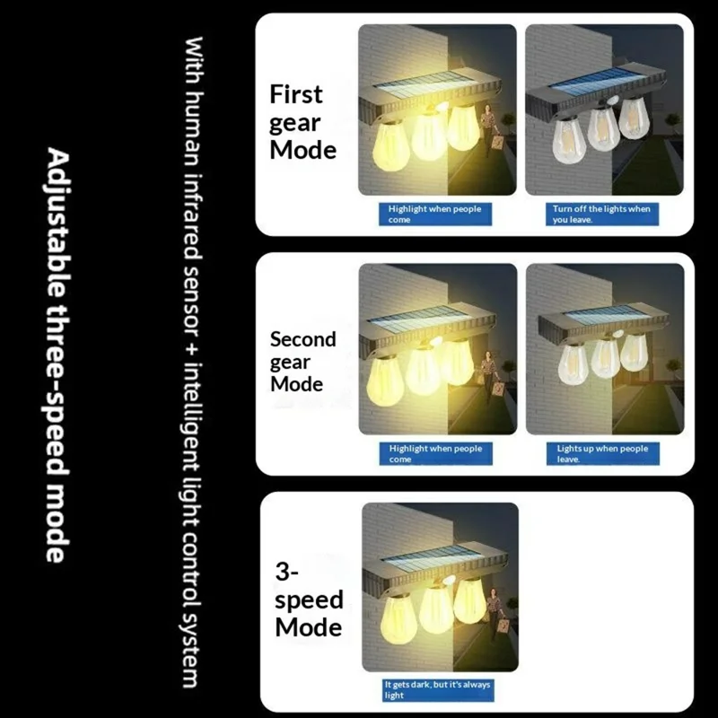 Lampe murale extérieure à capteur de mouvement 3 ampoules LED solaires style filament tungstène, lampe LED solaire