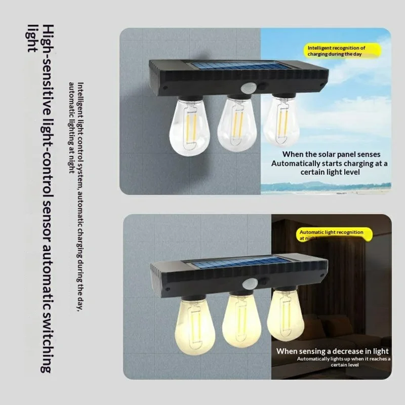 Lampe murale extérieure à capteur de mouvement 3 ampoules LED solaires style filament tungstène, lampe LED solaire