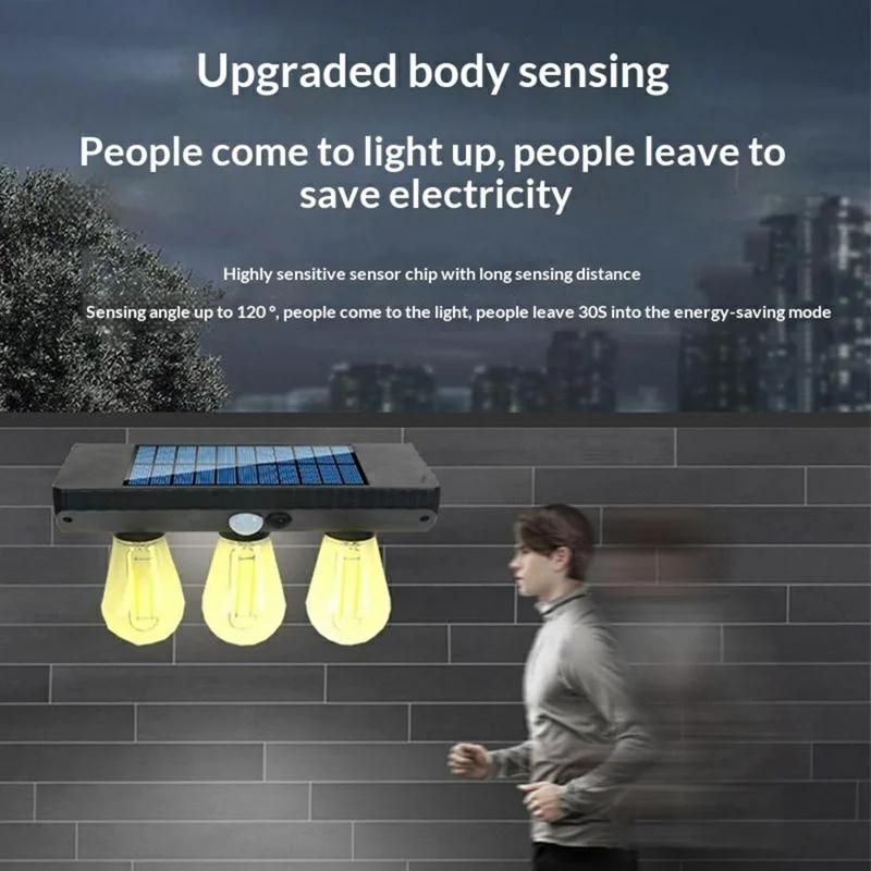 Lampe murale extérieure à capteur de mouvement 3 ampoules LED solaires style filament tungstène, lampe LED solaire
