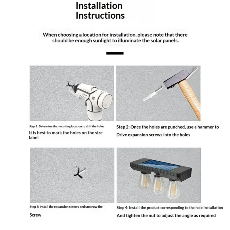 Lampe murale extérieure à capteur de mouvement 3 ampoules LED solaires style filament tungstène, lampe LED solaire