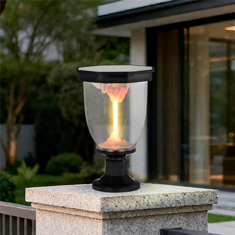 Lampe solaire à effet de flammes pour extérieur, lampe à chapeau de poteau COB pour décoration de jardin, terrasse ou allée