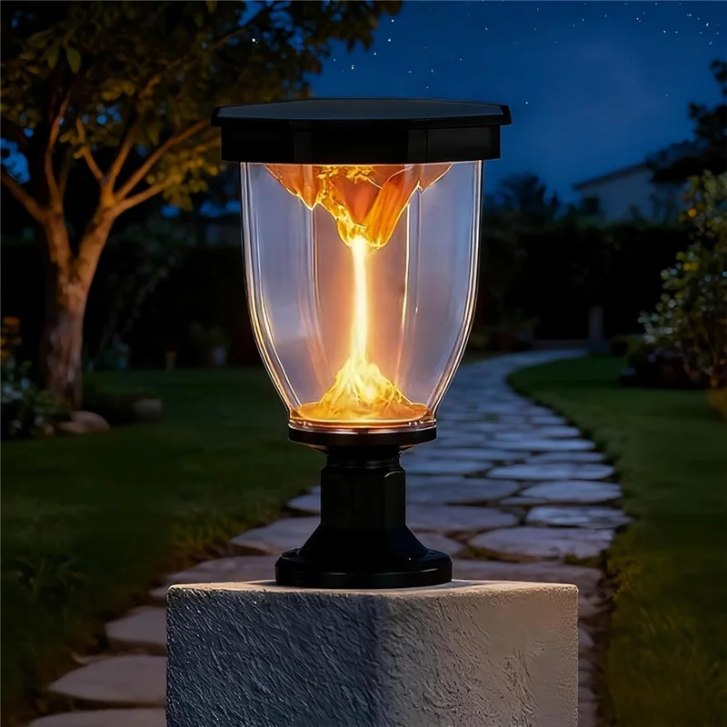 Lampe solaire à effet de flammes pour extérieur, lampe à chapeau de poteau COB pour décoration de jardin, terrasse ou allée