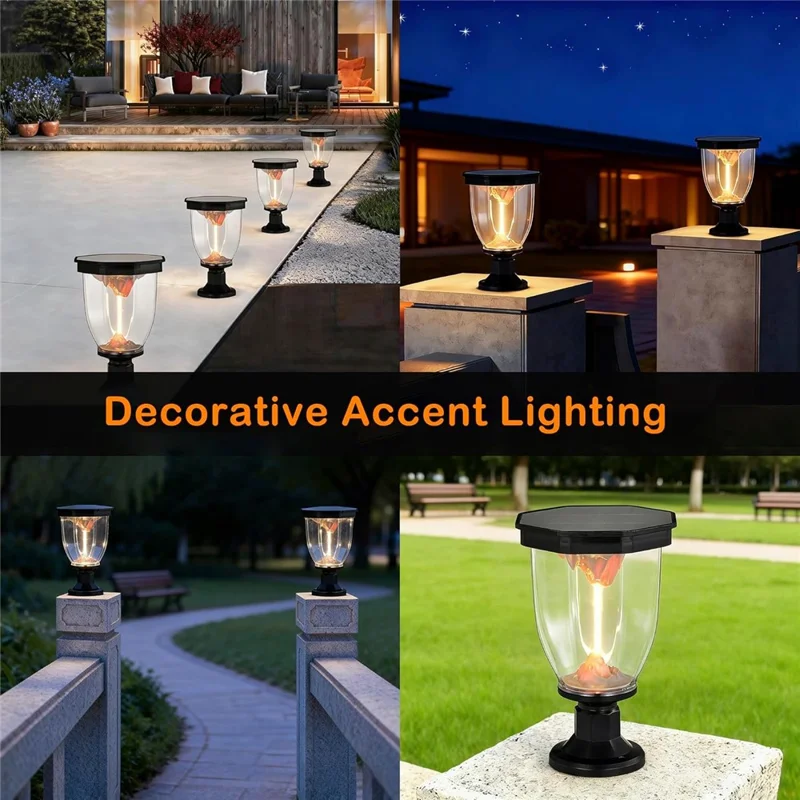 Lampe solaire à effet de flammes pour extérieur, lampe à chapeau de poteau COB pour décoration de jardin, terrasse ou allée