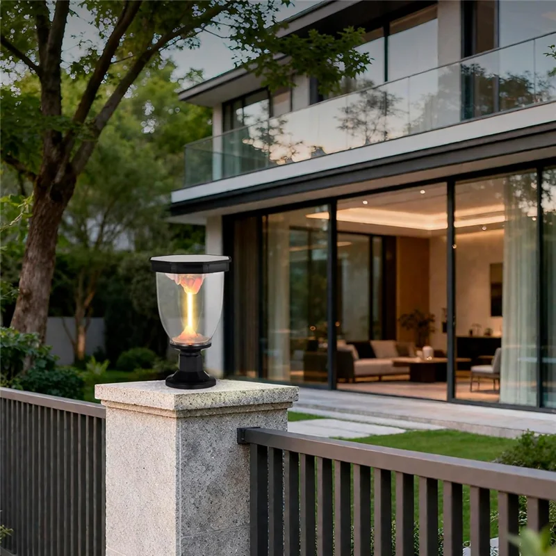 Lampe solaire à effet de flammes pour extérieur, lampe à chapeau de poteau COB pour décoration de jardin, terrasse ou allée