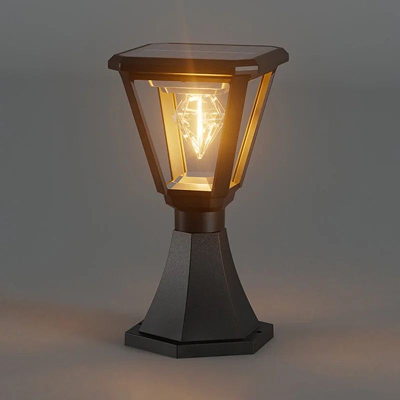 Solarbetriebene Pfostenleuchte mit Trophäensockel 30 W 2700 K warmweiß COB für Außen Garten Säule Landschaftsbeleuchtung