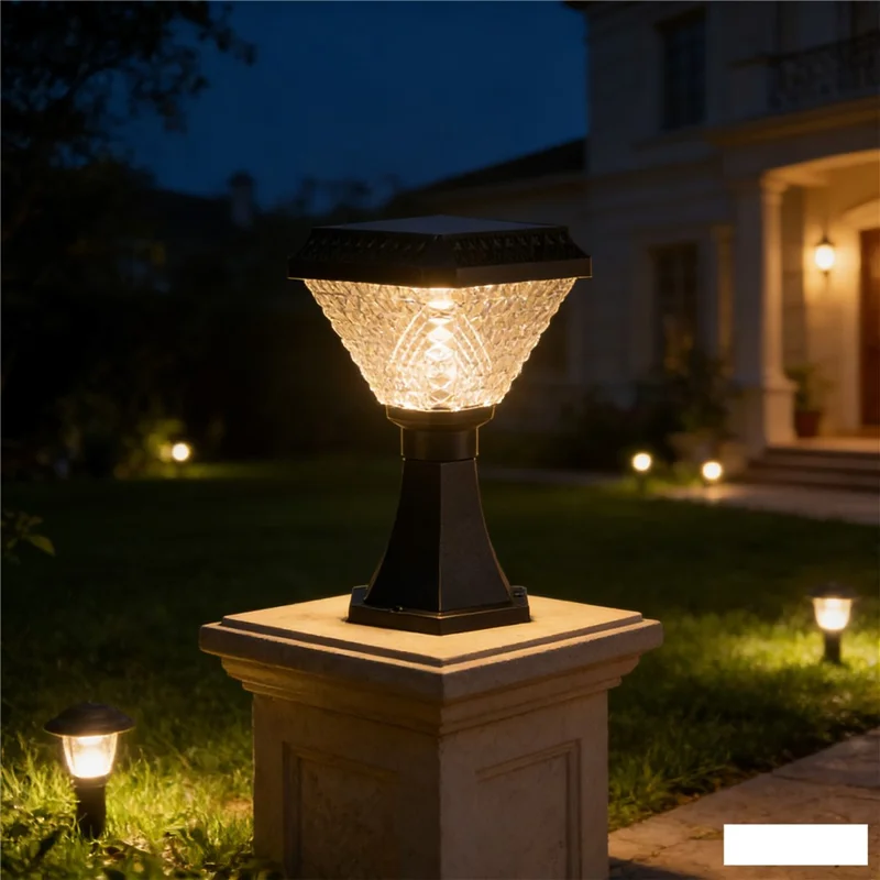 Gartenpfostenleuchte mit Pokalsockel, wasserdichte Solarleuchte für draußen mit Diamantschliff und Fernbedienung für Hof, Säule, Zaun