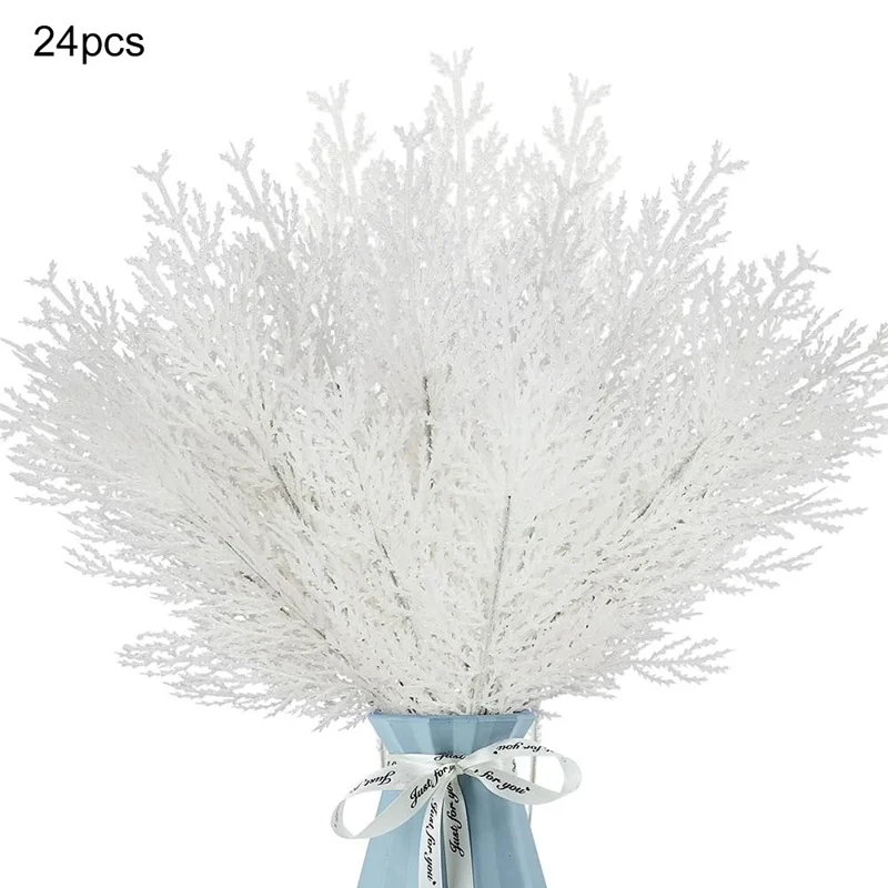 24 pièces de 35 cm de branches de pin artificielles enneigées réalistes, tiges en plastique, bricolage, décoration de fête - blanc