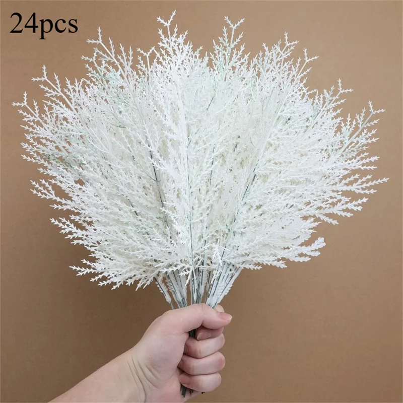 24 pièces de 35 cm de branches de pin artificielles enneigées réalistes, tiges en plastique, bricolage, décoration de fête - blanc