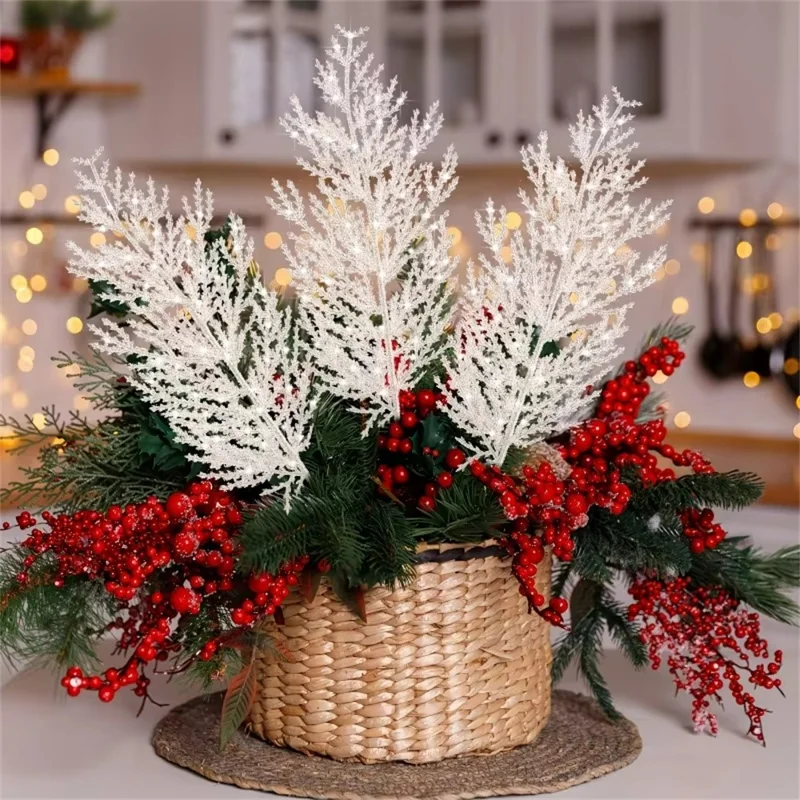 24 pièces de 35 cm de branches de pin artificielles enneigées réalistes, tiges en plastique, bricolage, décoration de fête - blanc