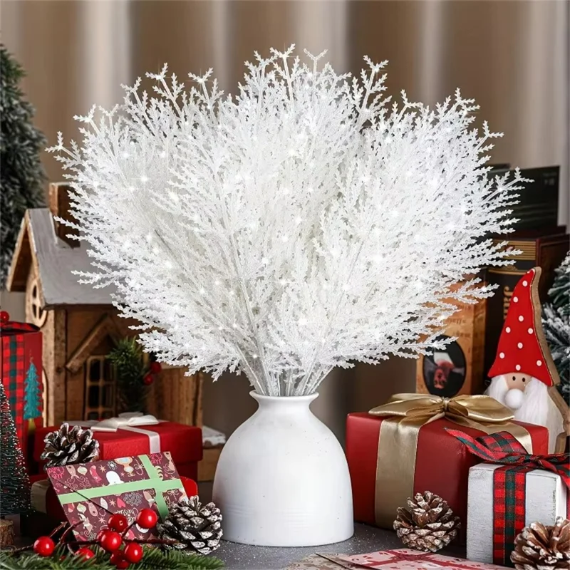 24 pièces de 35 cm de branches de pin artificielles enneigées réalistes, tiges en plastique, bricolage, décoration de fête - blanc