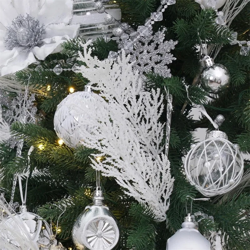 24 pièces de 35 cm de branches de pin artificielles enneigées réalistes, tiges en plastique, bricolage, décoration de fête - blanc