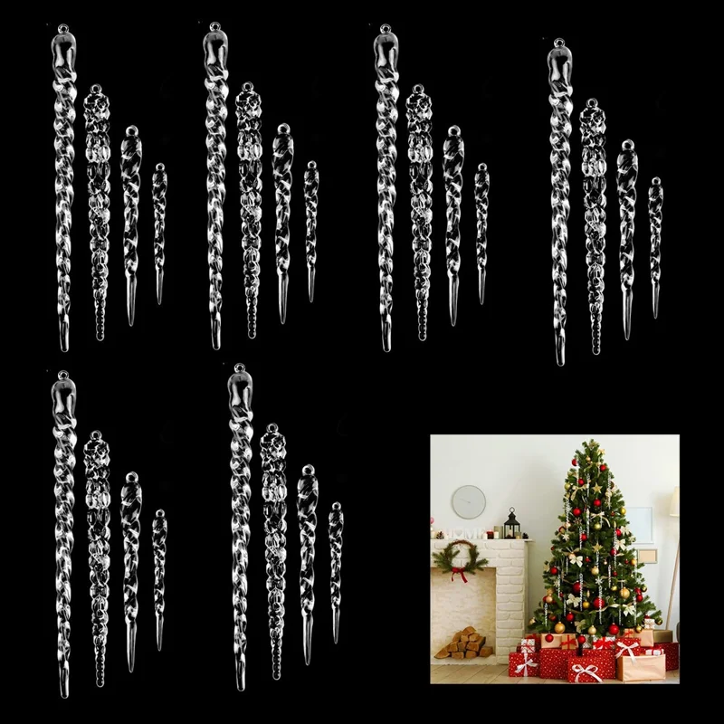 24 szt./komplet Dekoracje wiszące w kształcie sopli lodu z akrylu na choinkę, do dekoracji ślubu i imprez z 8 m kryształową nicią – przezroczyste