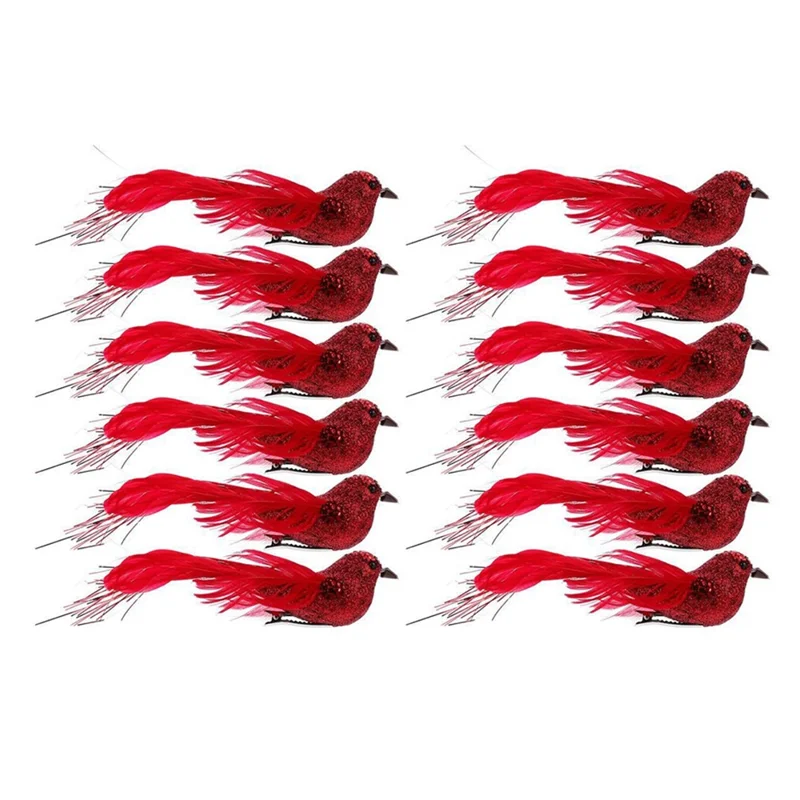 12 pièces ornements d'oiseaux de Noël, décorations à plumes d'oiseaux simulées avec pinces pour arbre de Noël, décoration de jardin - Rouge