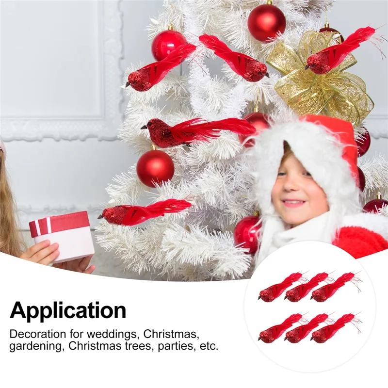 12 pièces ornements d'oiseaux de Noël, décorations à plumes d'oiseaux simulées avec pinces pour arbre de Noël, décoration de jardin - Rouge