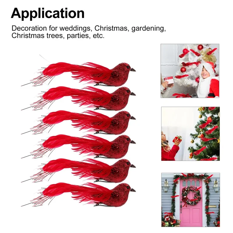 12 pièces ornements d'oiseaux de Noël, décorations à plumes d'oiseaux simulées avec pinces pour arbre de Noël, décoration de jardin - Rouge