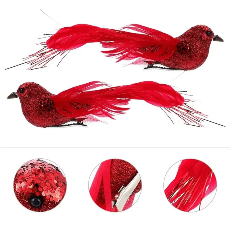 12 pièces ornements d'oiseaux de Noël, décorations à plumes d'oiseaux simulées avec pinces pour arbre de Noël, décoration de jardin - Rouge