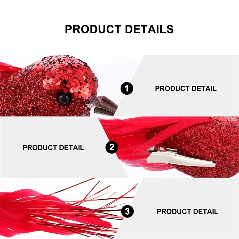 12 pièces ornements d'oiseaux de Noël, décorations à plumes d'oiseaux simulées avec pinces pour arbre de Noël, décoration de jardin - Rouge