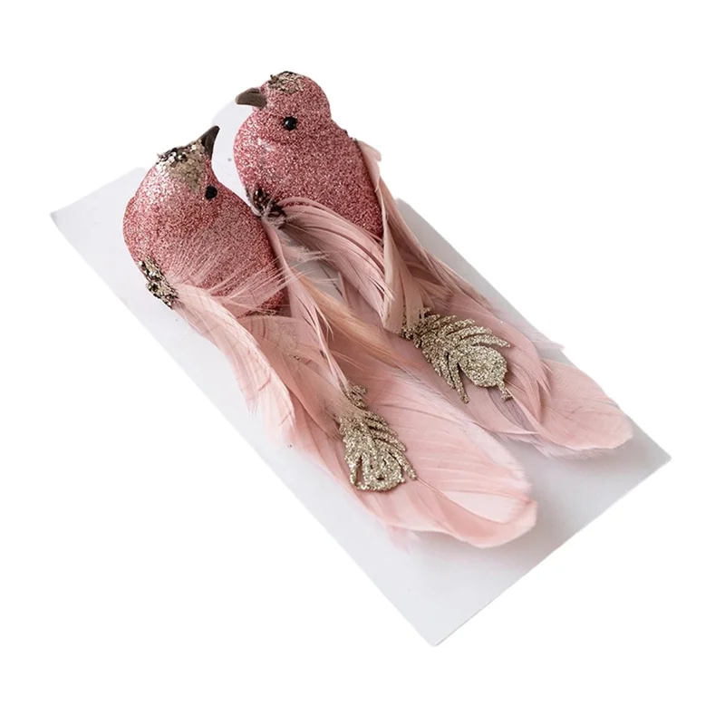 1 Paire d'ornements d'oiseaux à plumes scintillantes, oiseaux en mousse réalistes, décorations de sapin de Noël, décor de fête - Rose