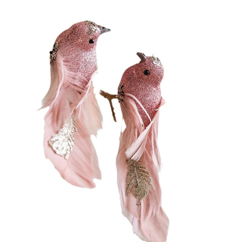 1 Paire d'ornements d'oiseaux à plumes scintillantes, oiseaux en mousse réalistes, décorations de sapin de Noël, décor de fête - Rose