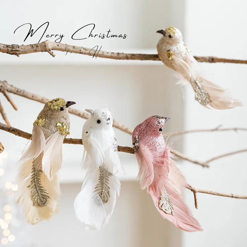 1 Paire d'ornements d'oiseaux à plumes scintillantes, oiseaux en mousse réalistes, décorations de sapin de Noël, décor de fête - Rose