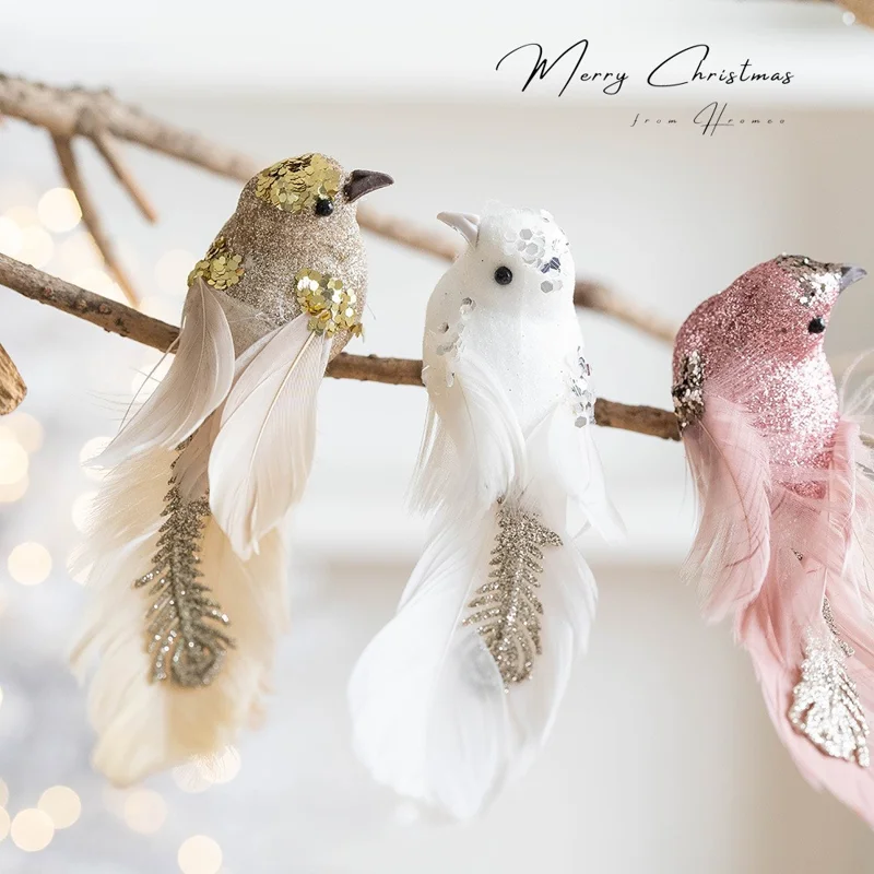1 Paire d'ornements d'oiseaux à plumes scintillantes, oiseaux en mousse réalistes, décorations de sapin de Noël, décor de fête - Rose