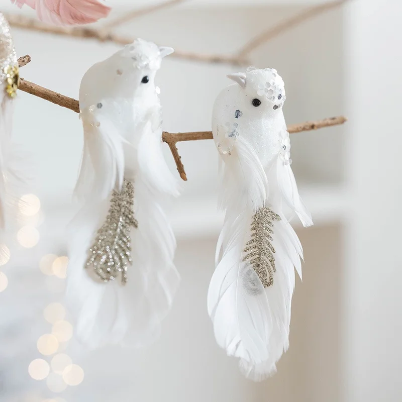 1 Paire d'ornements d'oiseaux à plumes scintillantes, oiseaux en mousse réalistes, décorations de sapin de Noël, décor de fête - Rose