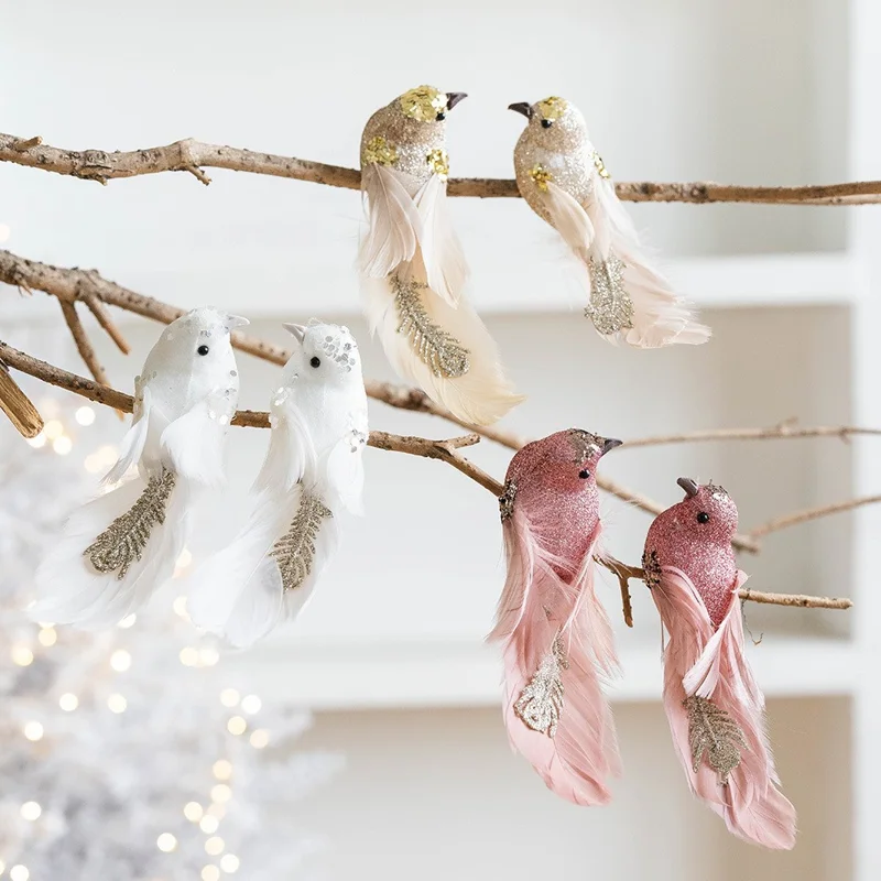 1 Paire d'ornements d'oiseaux à plumes scintillantes, oiseaux en mousse réalistes, décorations de sapin de Noël, décor de fête - Rose