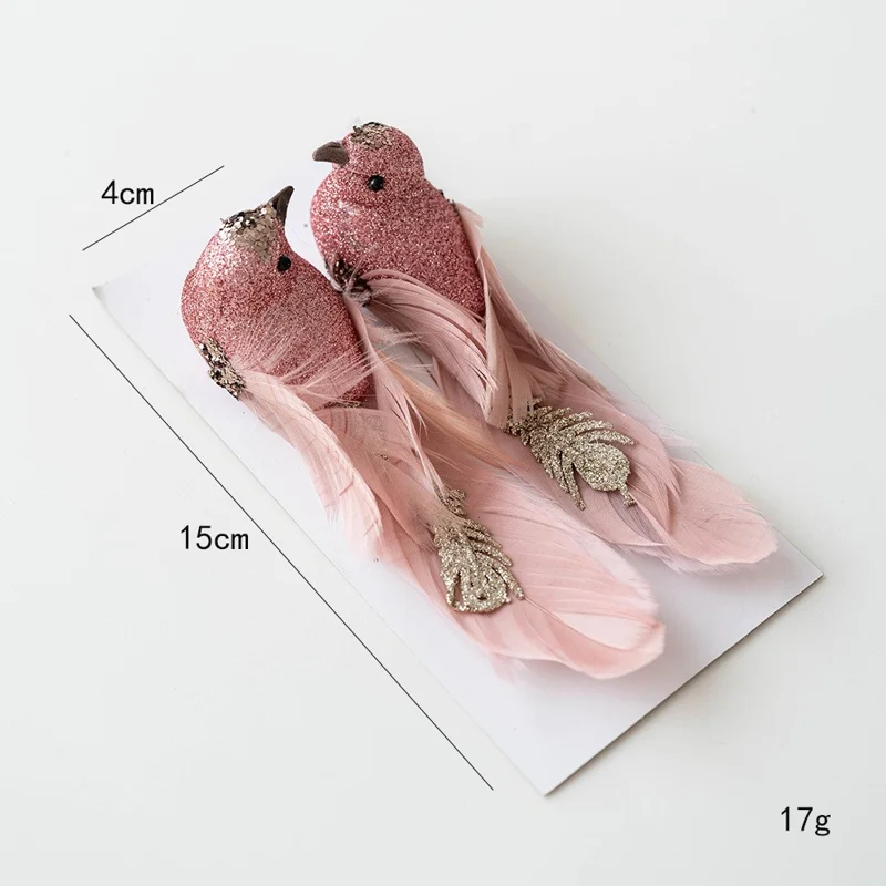 1 Paire d'ornements d'oiseaux à plumes scintillantes, oiseaux en mousse réalistes, décorations de sapin de Noël, décor de fête - Rose