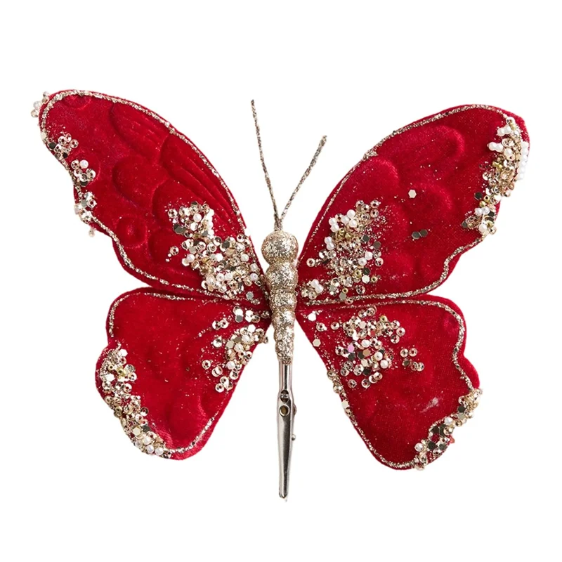 Kartka choinkowa z aksamitnym motylem na spinaczu czerwona