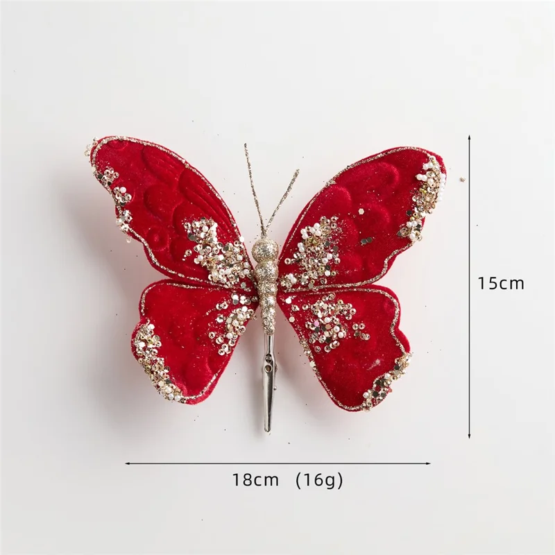 Kartka choinkowa z aksamitnym motylem na spinaczu czerwona