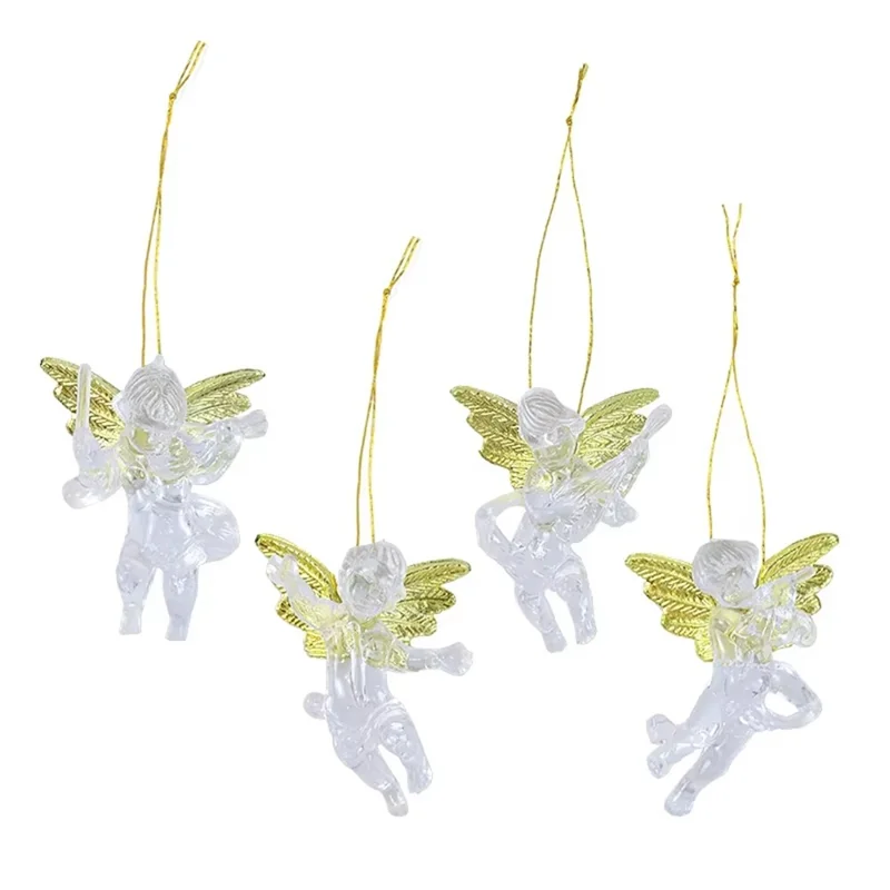 4 pièces / lot Ange acrylique transparent avec aile dorée, décoration suspendue bricolage pour arbre de Noël
