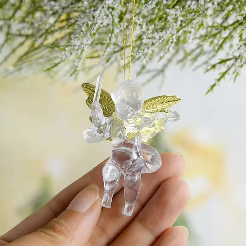 4 pièces / lot Ange acrylique transparent avec aile dorée, décoration suspendue bricolage pour arbre de Noël