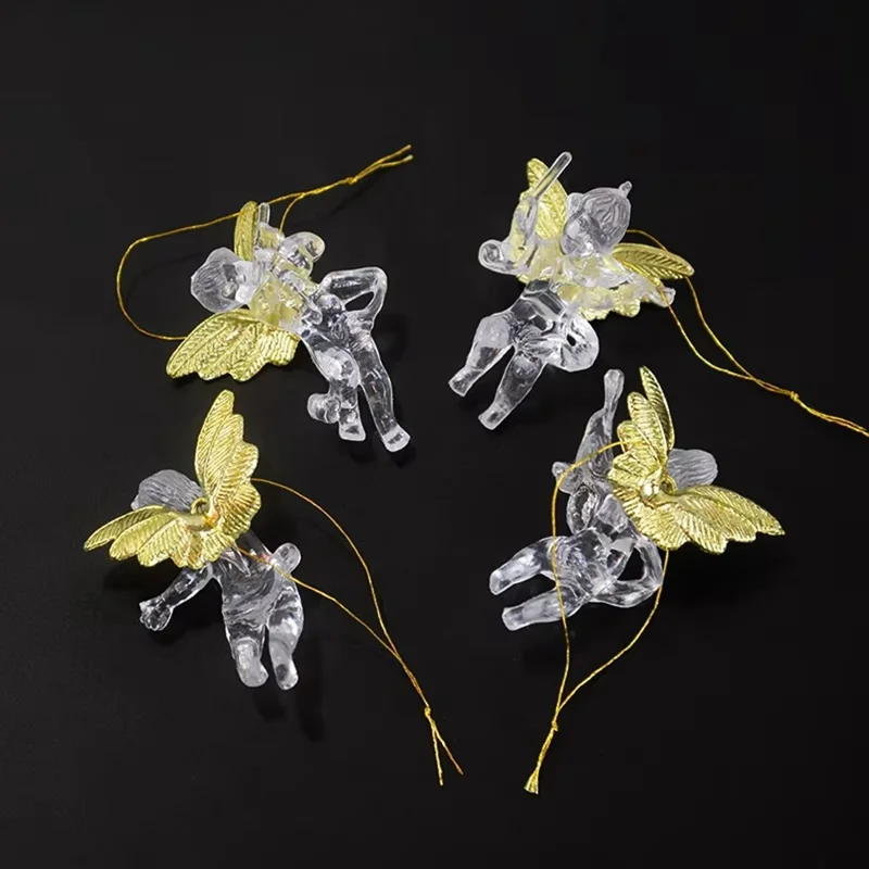 4 pièces / lot Ange acrylique transparent avec aile dorée, décoration suspendue bricolage pour arbre de Noël