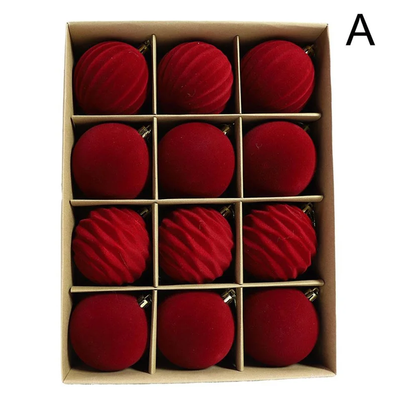 Lot de 12 ornements de Noël en boules velours de 6 cm, décorations en boules en peluche pour sapin - Rouge