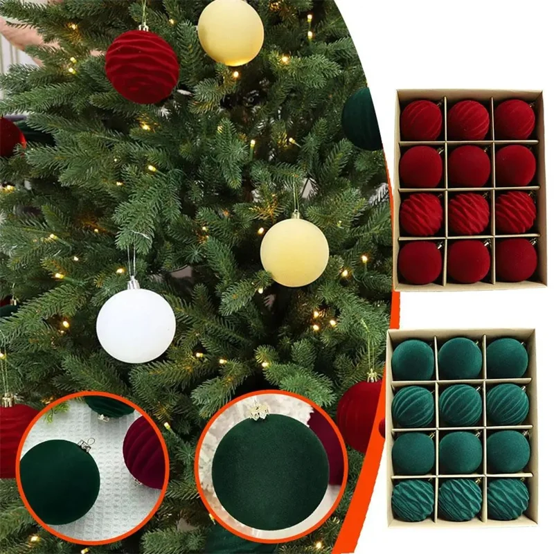 Lot de 12 ornements de Noël en boules velours de 6 cm, décorations en boules en peluche pour sapin - Rouge