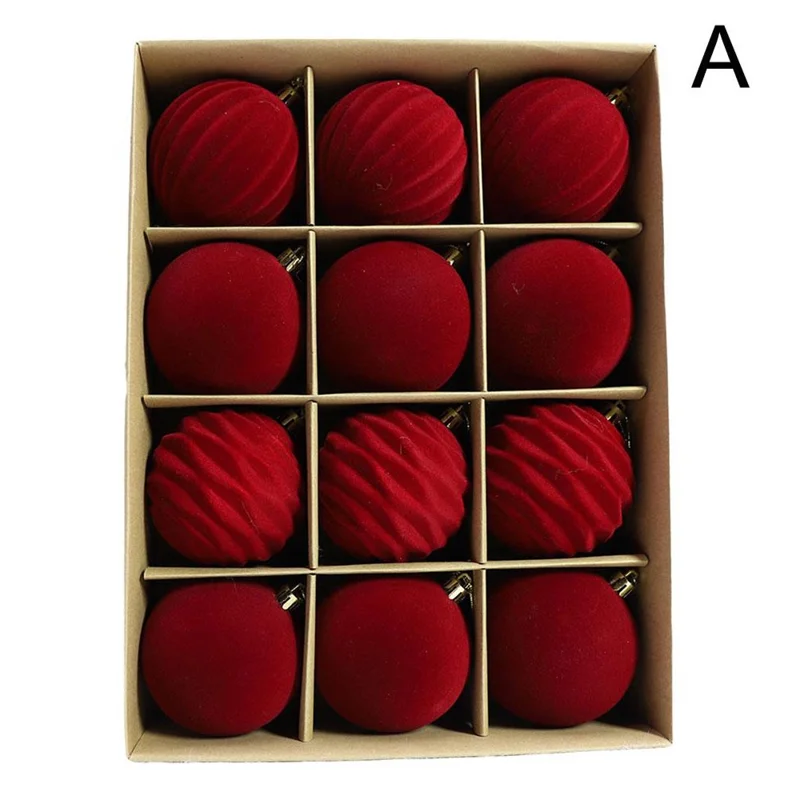 Lot de 12 ornements de Noël boules velours 8 cm décorations en peluche pour sapin - Rouge