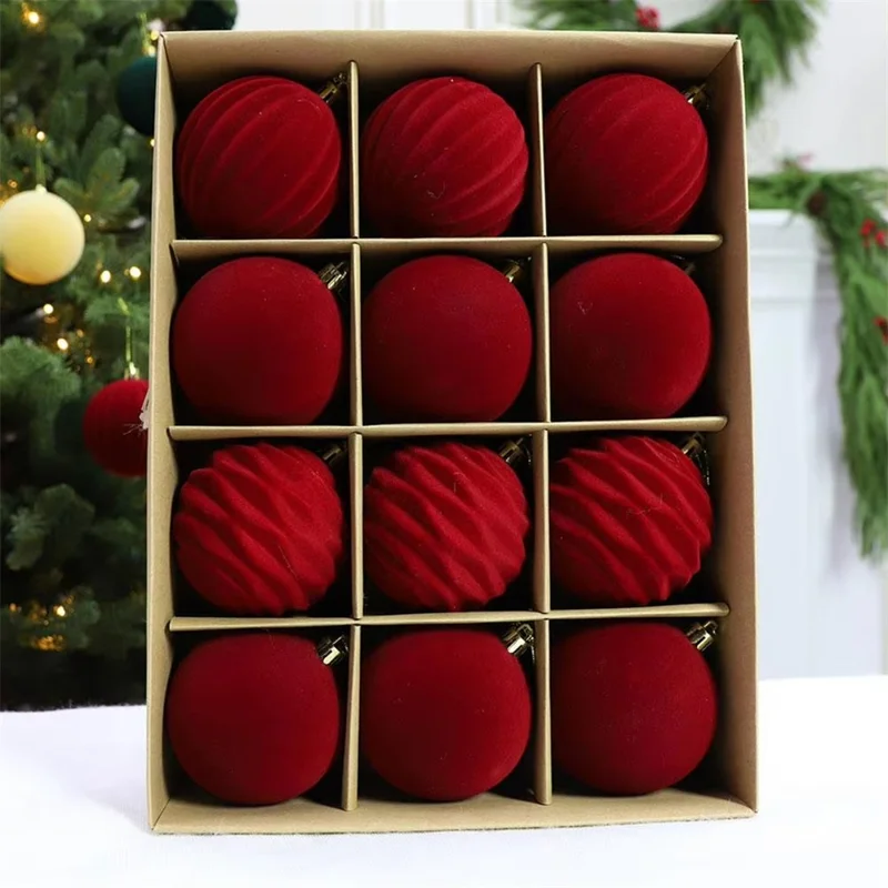 Lot de 12 ornements de Noël boules velours 8 cm décorations en peluche pour sapin - Rouge
