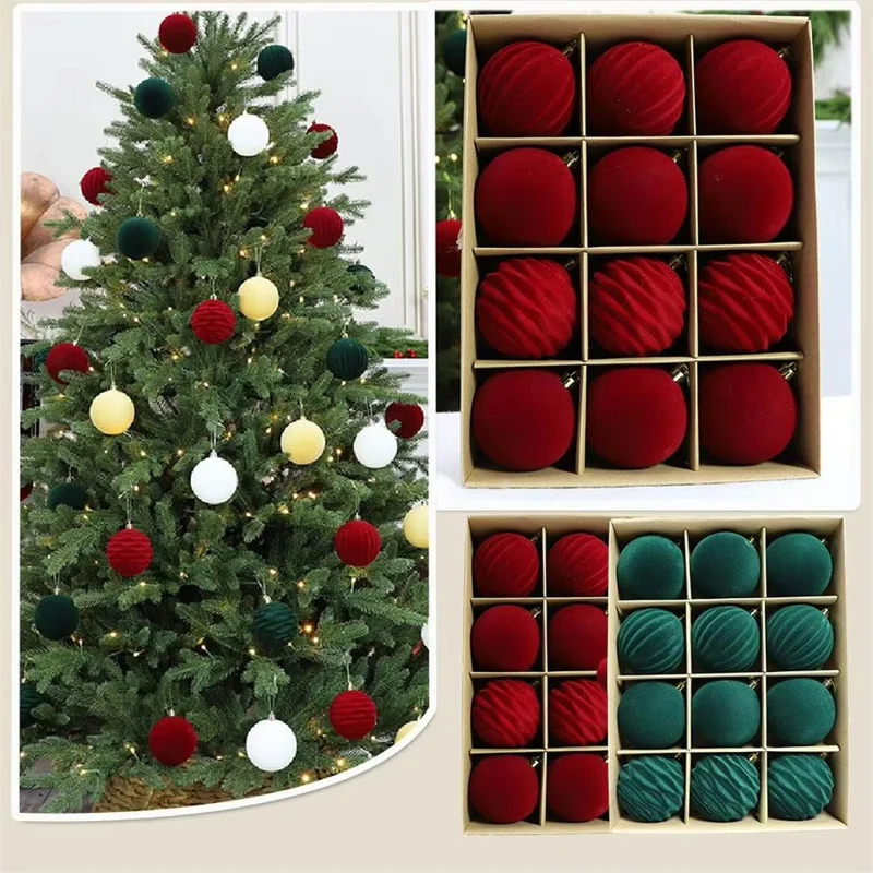 Lot de 12 ornements de Noël boules velours 8 cm décorations en peluche pour sapin - Rouge