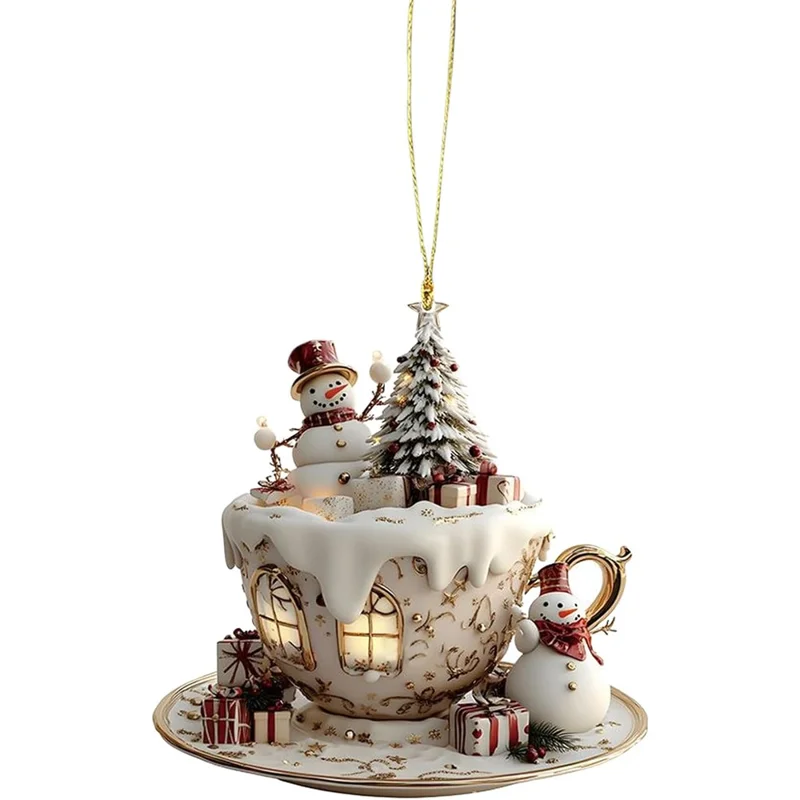 2D Acrylic Christmas Snowman Ornament Teacup Design Christmas Tree Hanging Decoration