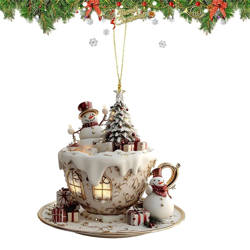 2D Acrylic Christmas Snowman Ornament Teacup Design Christmas Tree Hanging Decoration