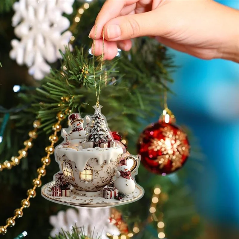2D Acrylic Christmas Snowman Ornament Teacup Design Christmas Tree Hanging Decoration