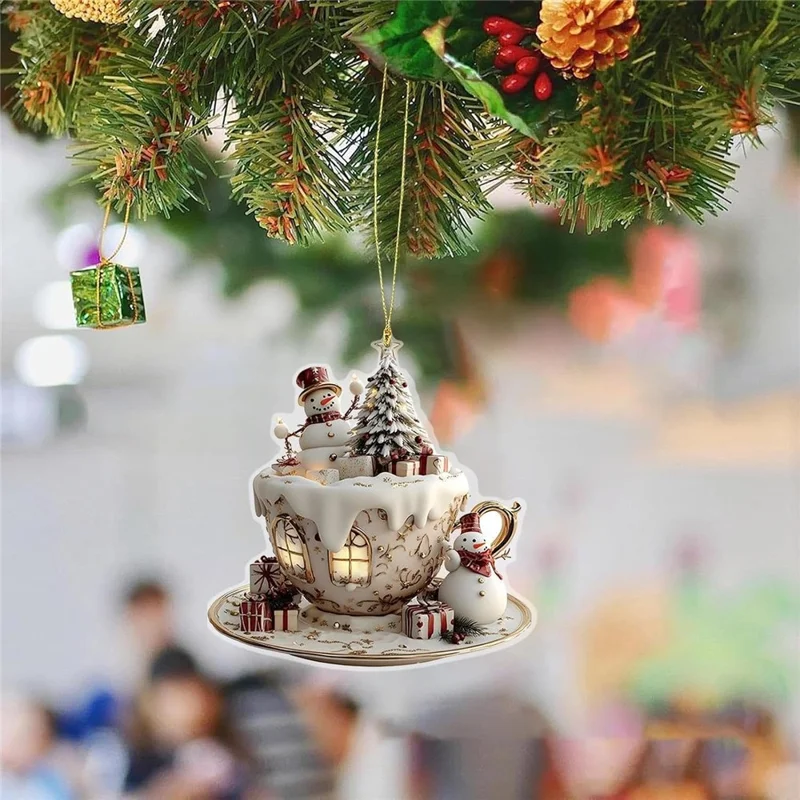 2D Acrylic Christmas Snowman Ornament Teacup Design Christmas Tree Hanging Decoration