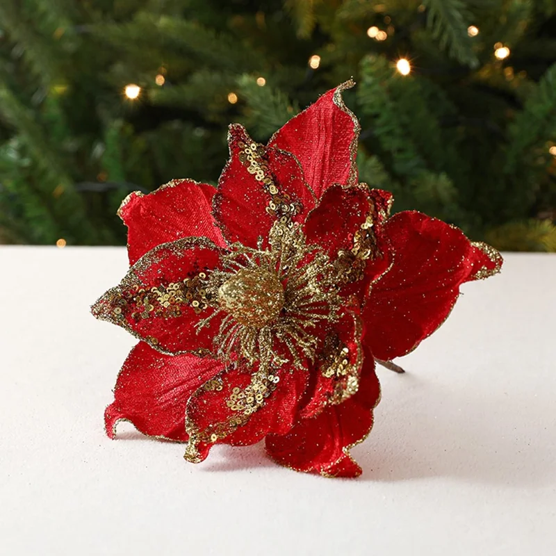 Skaniańskie ozdoby choinkowe z imitacji kwiatów z cekinami i brokatem - Czerwone