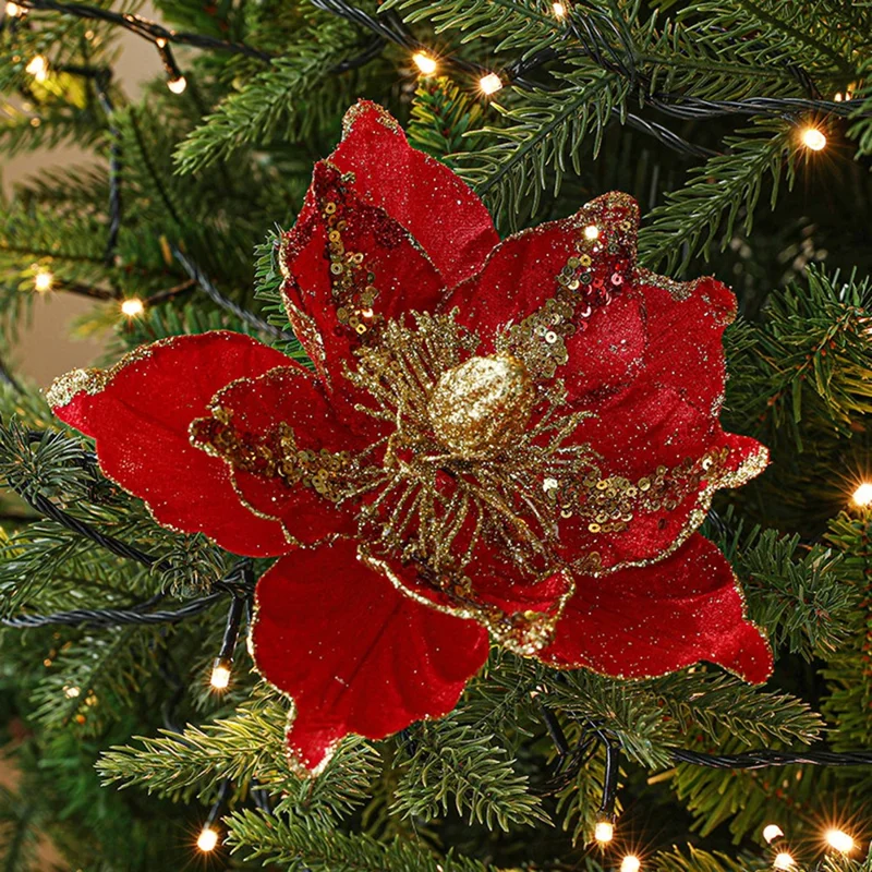 Skaniańskie ozdoby choinkowe z imitacji kwiatów z cekinami i brokatem - Czerwone