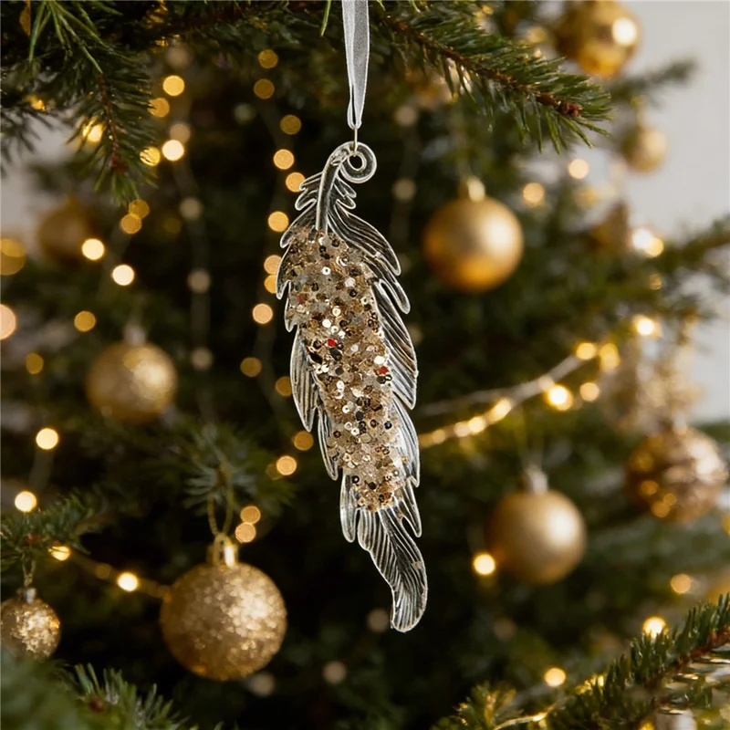 Ornement de Noël en forme de plume transparent en acrylique avec paillettes, décoration suspendue pour arbre de Noël