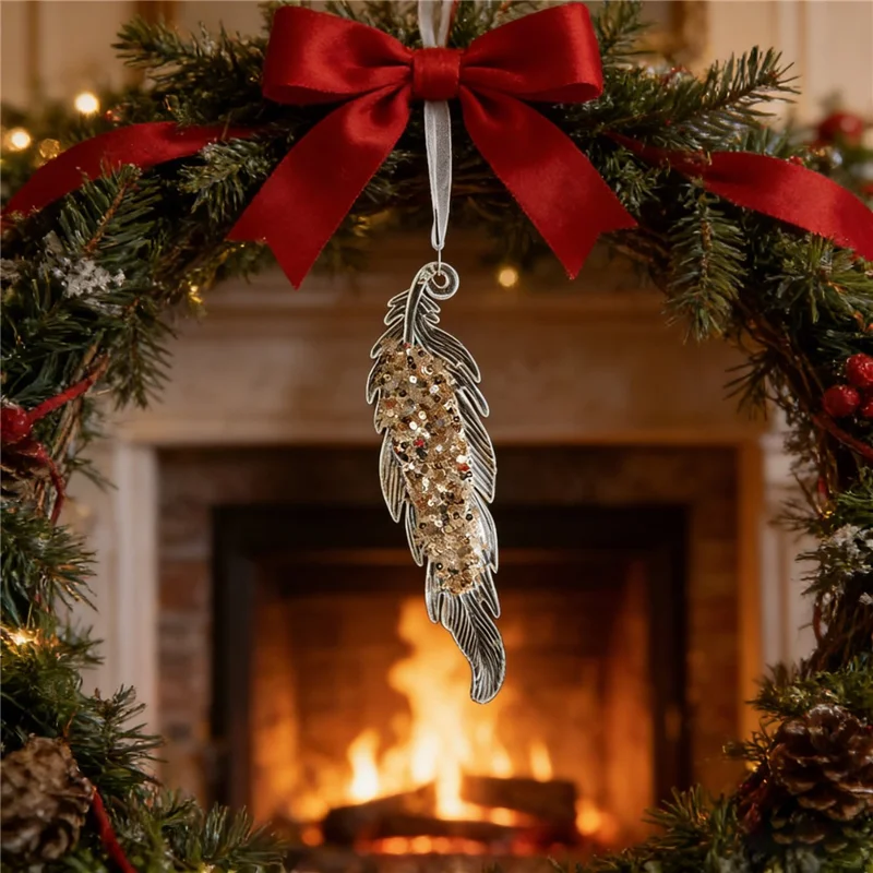 Ornement de Noël en forme de plume transparent en acrylique avec paillettes, décoration suspendue pour arbre de Noël