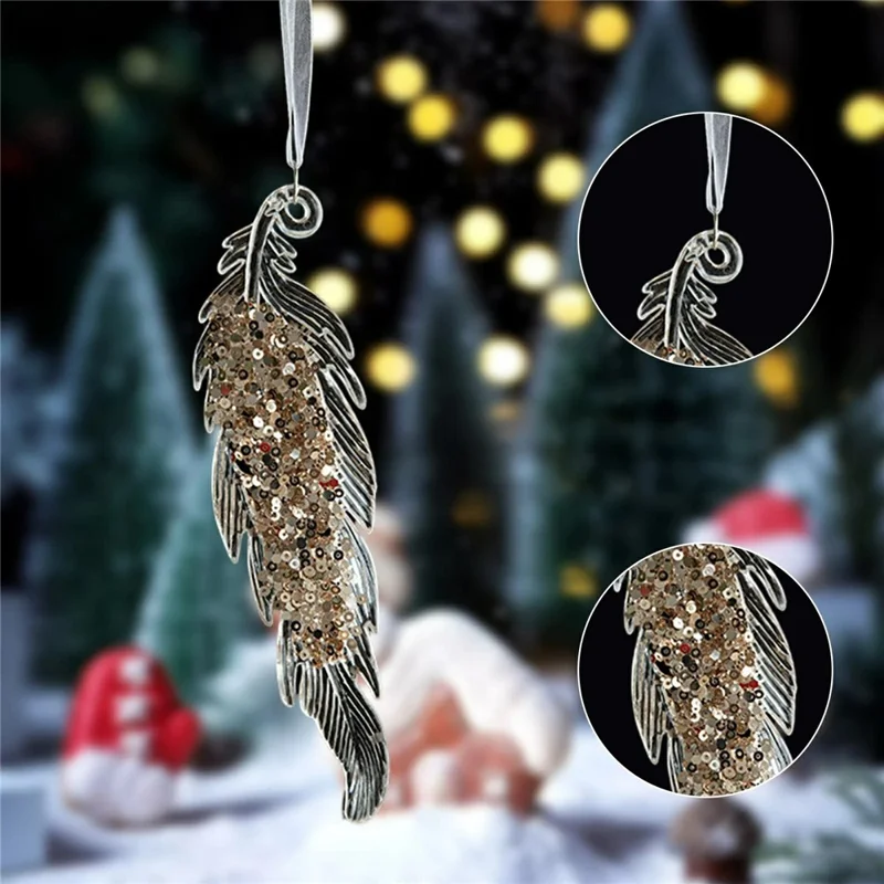 Ornement de Noël en forme de plume transparent en acrylique avec paillettes, décoration suspendue pour arbre de Noël